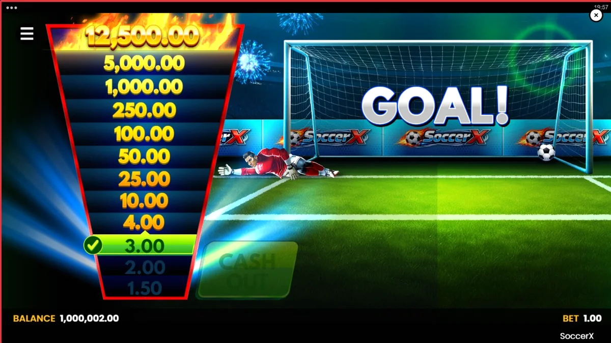 Interface de jogo do slot SoccerX mostrando o campo de futebol e o multiplicador